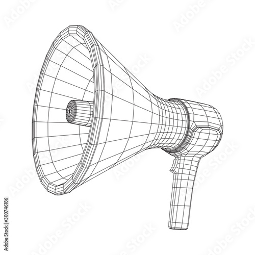 Megaphone or bullhorn for amplifying voice for protests rallies or public speaking. Wireframe low poly mesh vector illustration