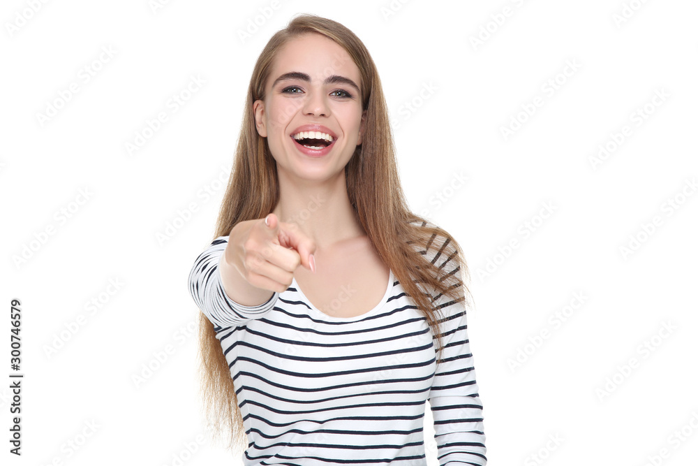 Young beautiful girl showing finger on white background Young beautiful girl showing finger on white background