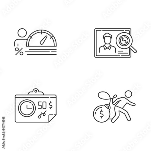 Credit linear icons set. Personal creditworthiness report. Bunkrapcy risk. Tax sheet with price. Credit card debt. Thin line contour symbols. Isolated vector outline illustrations. Editable stroke