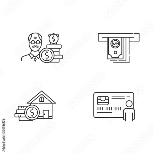Credit linear icons set. Borrowing from Retirement. Pension budget ivestment. Home equity loan. Cash withdrawal. Thin line contour symbols. Isolated vector outline illustrations. Editable stroke