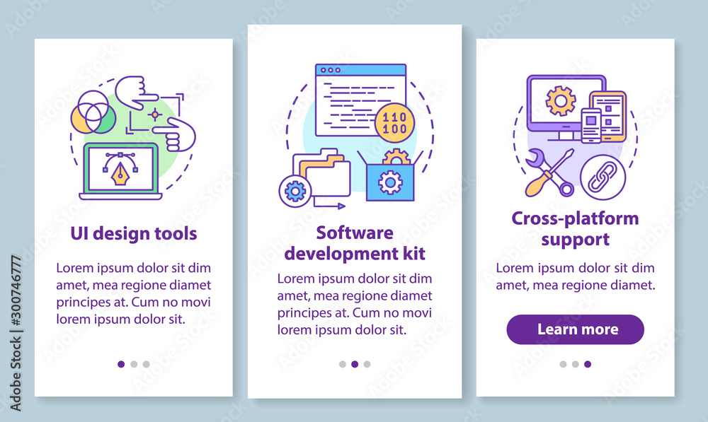 Software development onboarding mobile app page screen with linear concepts. UI design, cross-platform support walkthrough 3 steps graphic instructions. UX, UI, GUI vector template with illustrations