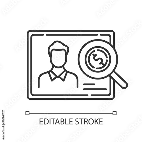 Verifying creditworthiness linear icon. Examining personal credit history. Investment, budget graph. Thin line illustration. Contour symbol. Vector isolated outline drawing. Editable stroke