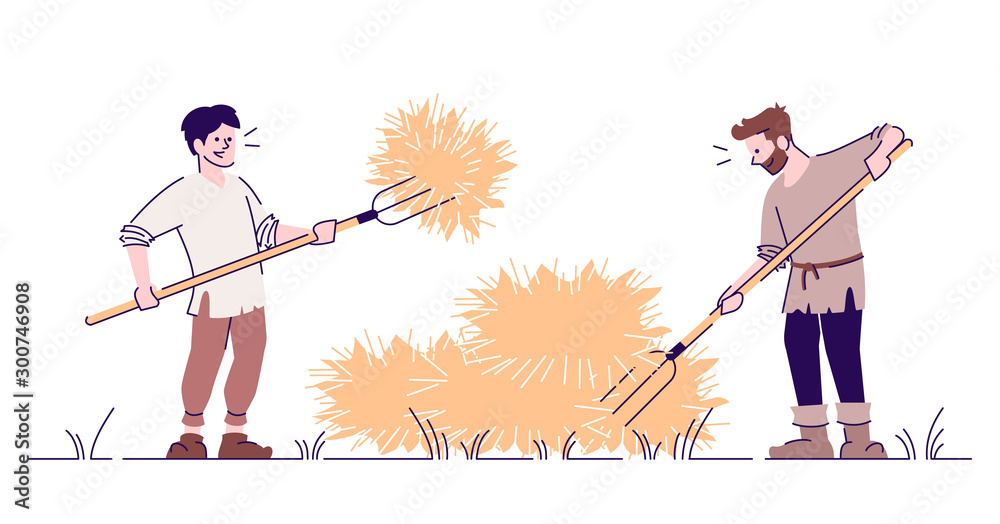 Medieval peasants stacking hay flat vector illustration. Farmers with