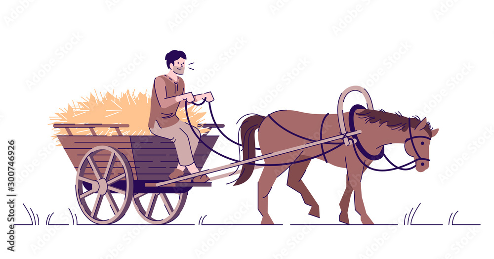 Fototapeta Medieval peasant riding horse cart flat vector illustration. Farmer with animal isolated cartoon characters with outline elements on white background. Middle Age agriculture and farming