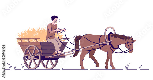 Medieval peasant riding horse cart flat vector illustration. Farmer with animal isolated cartoon characters with outline elements on white background. Middle Age agriculture and farming