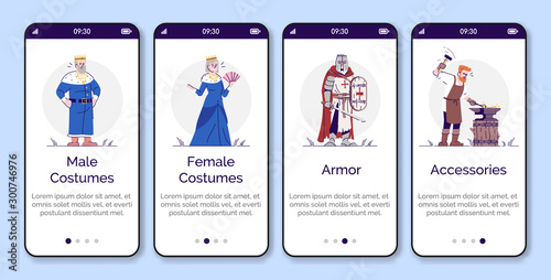 Medieval costumes, armor, accessories onboarding mobile app page screen vector template. Walkthrough website steps with flat cartoon characters. UX, UI, GUI smartphone cartoon interface concept