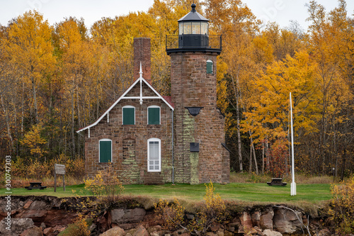Fototapeta Naklejka Na Ścianę i Meble -  Sand Island Lighthouse in Wisconsin on Lake Superior in the Apostle Islands National Lakeshore - taken in the fall season