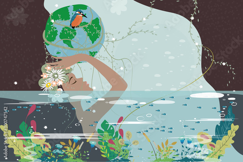 Mother earth day poster with nature beauty woman holding planet, World environment day background, Save the earth or Green day concept
