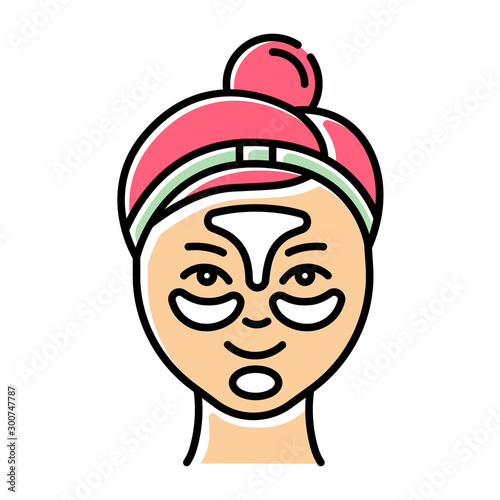 Applying hydrogel patches color icon. Skin care procedure. Blackheads removal. Gel mask Facial beauty treatment. Face product. Dermatology, cosmetics, makeup. Isolated vector illustration