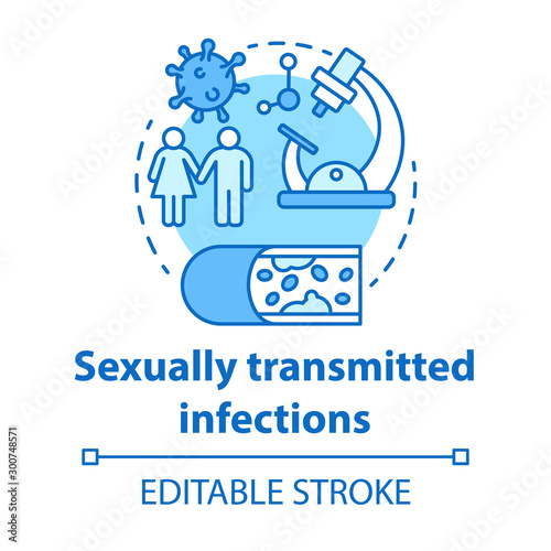 Sexually transmitted infections concept icon. STIs idea thin line illustration. Venereal diseases. Bacterias, viruses screening. Unprotected sex. Vector isolated outline drawing. Editable stroke
