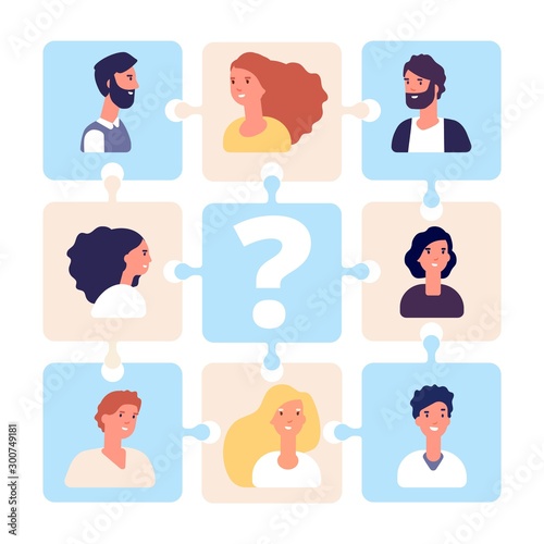 Recruiting illustration. Business team puzzle without team leader. HR management, employment agency vector concept. Recruitment puzzle people, manager and teamwork company