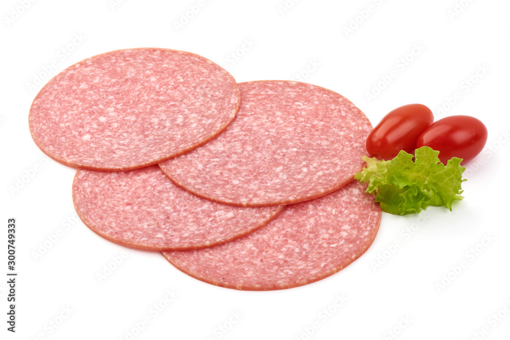 Salami sausage slices, isolated on white background