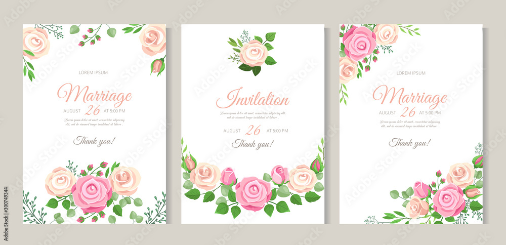 Wedding card with roses. Red, white and pink roses with leaves. Wedding floral romantic decor for invitation cards. Vector templates illustration invitation to wedding, greeting romantic poster