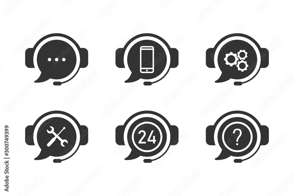 Set of six online support icons. Variation of chat, bot, call, help, error and question icons. Vector illustartion. - obrazy, fototapety, plakaty 