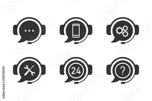Set of six online support icons. Variation of chat, bot, call, help, error and question icons. Vector illustartion.