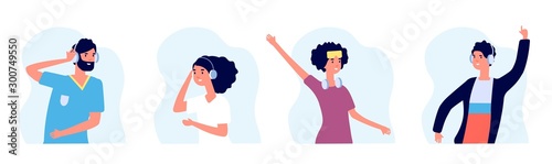 Music lovers. People listen music flat characters. Women and men with wireless headphones vector avatars. Illustration listen to music use headphones