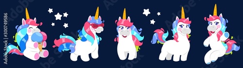 Funny unicorn. Vector cartoon unicorn collection. Cute white magic pony with colorful tails. Funny animal unicorn, happy cartoon magic character illustration