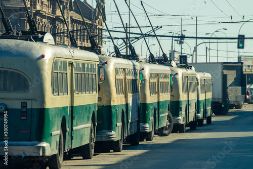 Old electric buses parked at the street. Valparaiso, Chile photo
