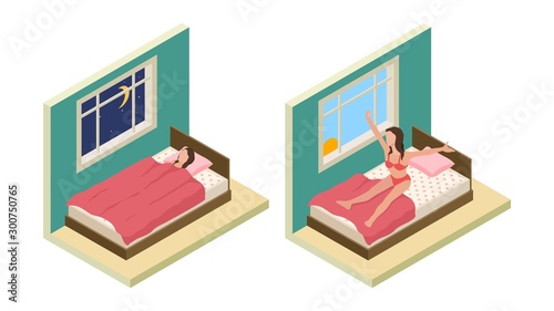 Sleep wake up girl. Isometric bedroom. Vector girl sleep on bed. Good night good morning concept. Illustration bedroom morning, sleep people isometric