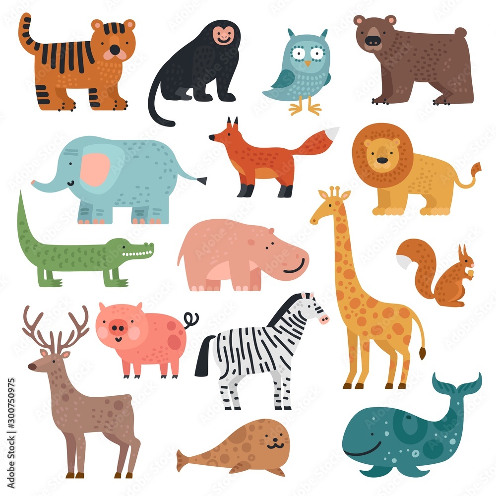 Obraz premium Cartoon animals. Tiger, monkey and bear, elephant and lion, crocodile and deer, hare forest and tropical cute animal vector set. Monkey and deer, reptile and bear illustration