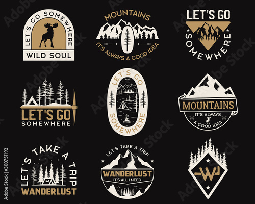 Vintage camp logos, mountain badges set. Hand drawn labels designs. Travel expedition insignia with wild animals, wanderlust and hiking elements. Outdoor emblems. Logotypes collection. Stock vector