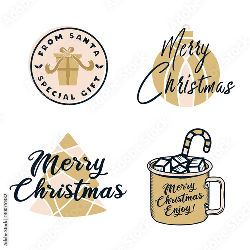 Funny Merry Christmas graphic prints set, t shirt designs for xmas party, cricuts. Holiday decor with xmas tree, mug, texts and ornaments. Fun typography. Stock vector