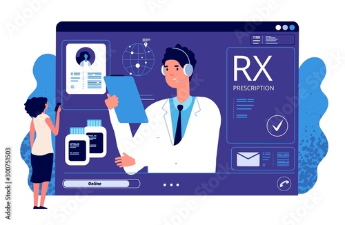 RX prescription online. Medical app, online prescription. Vector doctor, patient, painkiller medication. Rx prescription online, doctor medical internet online illustration