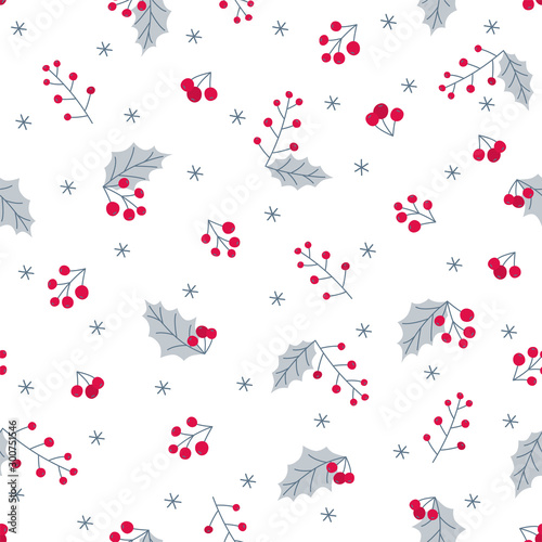 Christmas seamless pattern. Holly leaves and berries on white