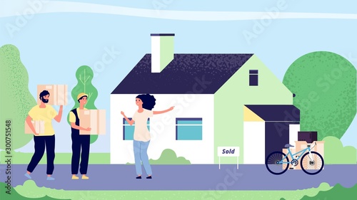Girl moves new house. Woman moves with loaders, collect supplies in boxes. Flat young girl bought house vector illustration. Woman relocation to home, new house apartment