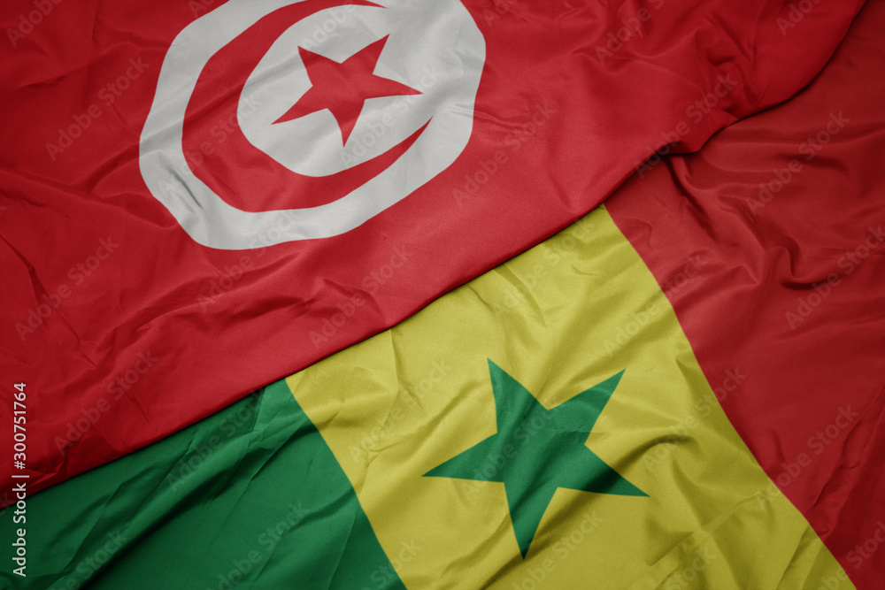waving colorful flag of senegal and national flag of tunisia.