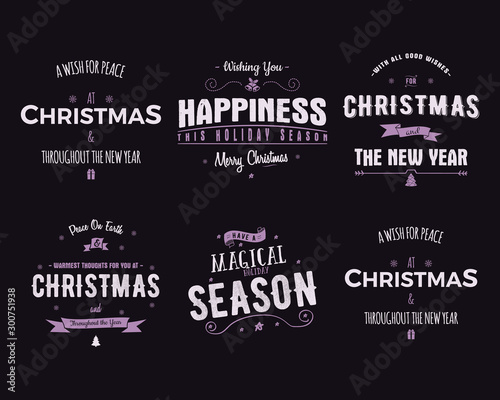 Funny Merry Christmas, Happy New Year season graphic prints set, t shirt designs for xmas party, cricuts. Holiday decor with xmas tree, santa, mug, texts and ornaments. Fun typography. Stock vector