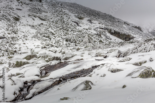 Icy river after a winter storm at the Rila mountain in BUlgaria, Maliovica. photo