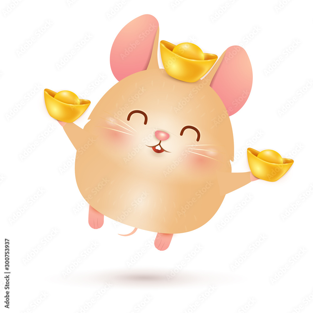 Happy Chinese New Year 2020. Cute, funny cartoon Little Rat character design holding big chinese gold ingot isolated on white background. The year of the rat. Zodiac of the rat Happy Chinese New Year 2020. Cute, funny cartoon Little Rat character design holding big chinese gold ingot isolated on white background. The year of the rat. Zodiac of the rat