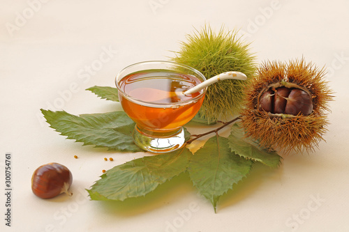 Chestnuts and chestnuts honey on a white background