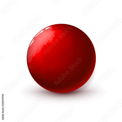 Red glossy textured in streaks sphere, polished ball. Mock up of clean round realistic object, glassy orb icon. Geometric design simple shape, smooth circle form. Vector illustration