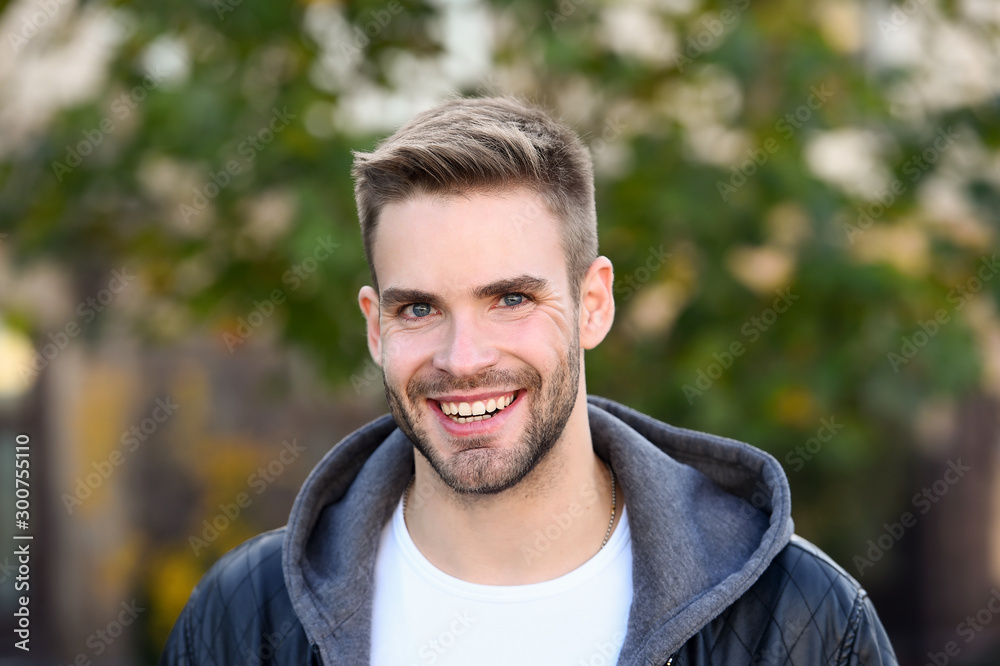 This is what man wants to look like. Happy man on autumn day. Handsome man smile in casual style. Caucasian man with unshaved beard hair and stylish haircut. Autumn fashion. Lifestyle This is what man wants to look like. Happy man on autumn day. Handsome man smile in casual style. Caucasian man with unshaved beard hair and stylish haircut. Autumn fashion. Lifestyle
