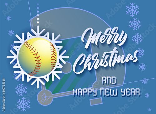 Merry Christmas and Happy New Year. Sports card with a Softball ball as a Snowflake and a Softball Field. Vector illustration.