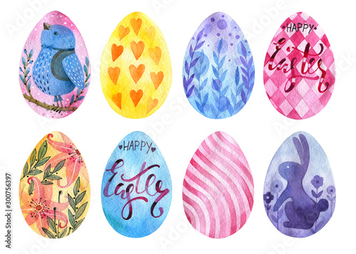 Set of easter eggs with floral patterns. Watercolor illustration. Symbols of the spring holiday.