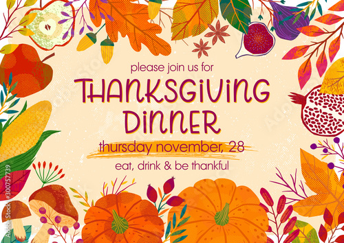 Thanksgiving dinner template with pumpkins,mushrooms,corn,apples,figs,pomegranate,plants,leaves,berries and floral elements.Holiday invitation design.Trendy autumn vector illustration.