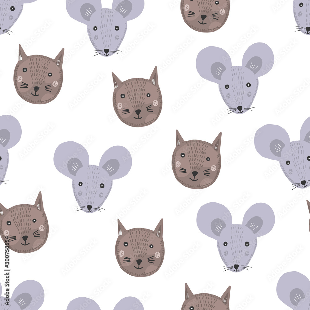 Cute cartoon seamless pattern with gray mice and brown cats heads on white background. Funny hand drawn texture with pets for kids design, wallpaper, textile, wrapping paper