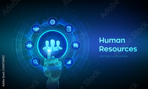 Human Resources. HR management, recruitment, employment, headhunting business concept. Human social network and leadership. Robotic hand touching digital interface. Vector illustration.