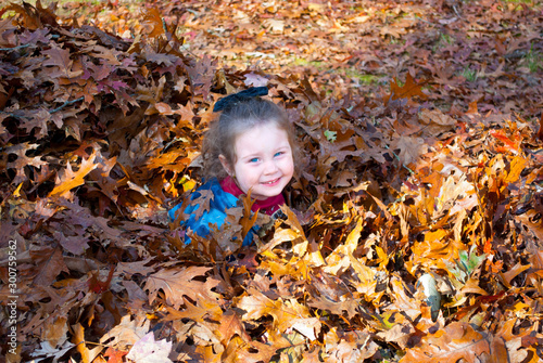 Cute Youngster in fall pile of colorful leaves