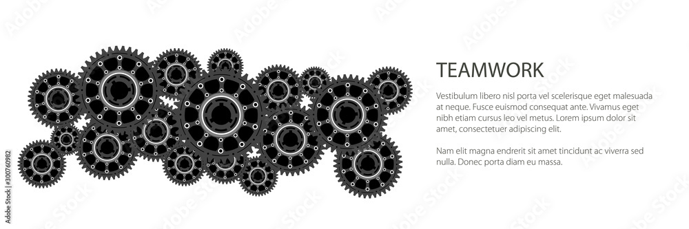 Banner of gear wheels or cogs, technology and industry, teamwork concept, black and white vector illustration Banner of gear wheels or cogs, technology and industry, teamwork concept, black and white vector illustration