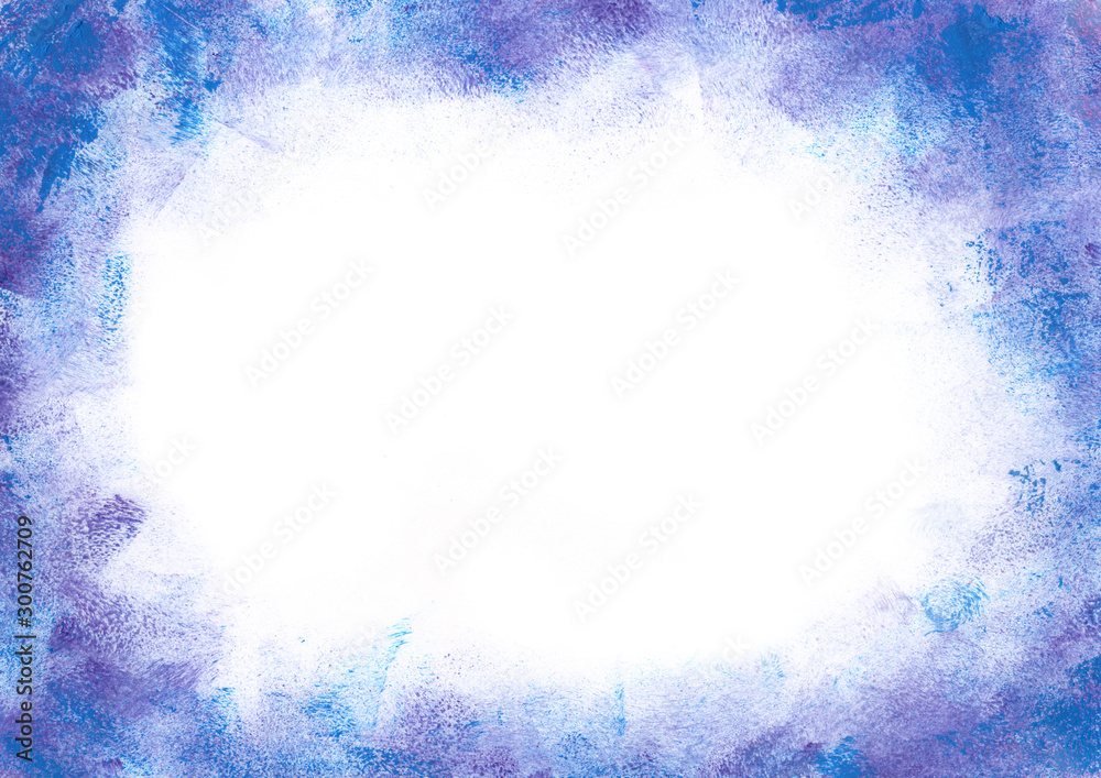 Hand painted acrylic gouache watercolor abstract winter frosty blue purple frame border with empty white blank copy space for text