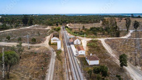 Aerial drone top view of train station in Agolada, Coruche, Portugal.