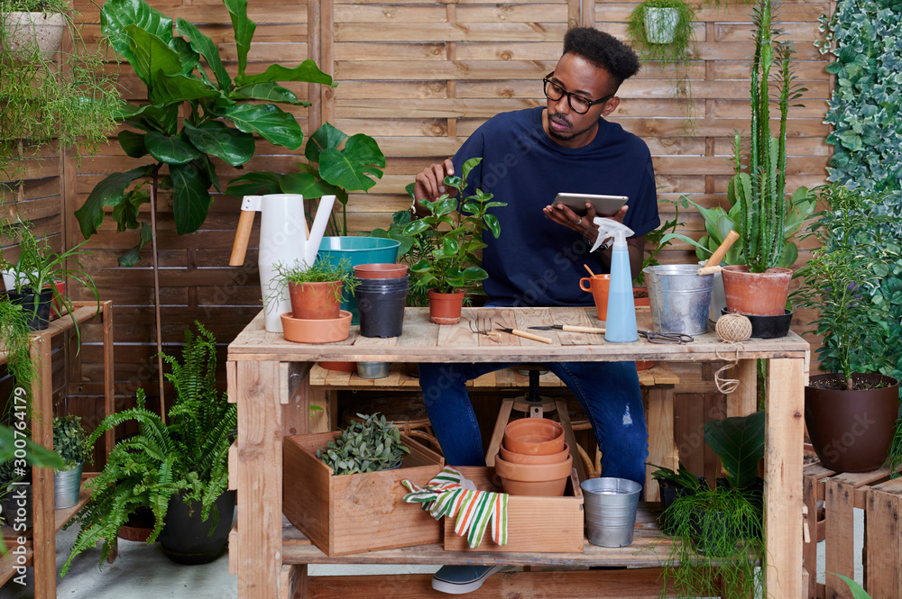 Young man using digital tablet on his terrace while gardening Young man using digital tablet on his terrace while gardening