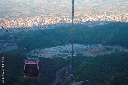 Cable car, city panorama City View. Tourist travel by cable car.