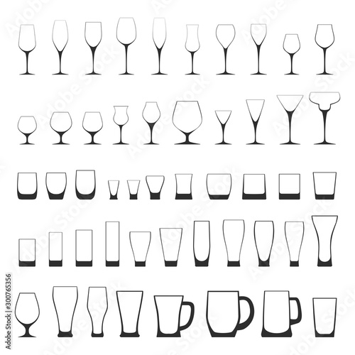 Vector illustration of different glassware silhouettes. Fully editable 50 empty glasses for wine, beer, whisky, cognac and other alcohol drinks. Different types of stemwares, beakers and mugs isolated