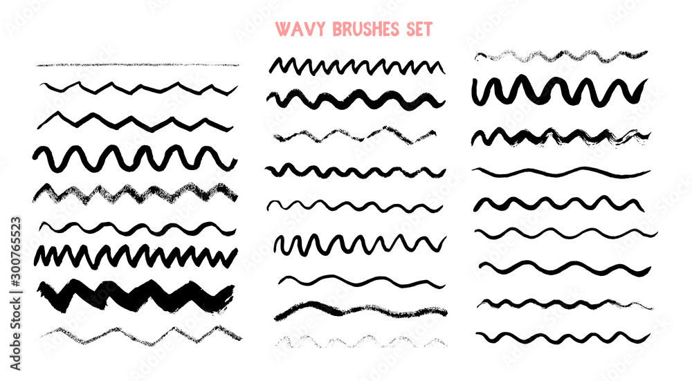 Wavy Brush ink set. Stroke grunge shape border. Hand drawn black line, modern background
