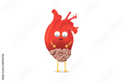 Disease unhealthy cartoon heart character with cancer tumor on white background. Sick suffering human circulatory organ pain mascot oncology concept. Medical anatomy vector illustration